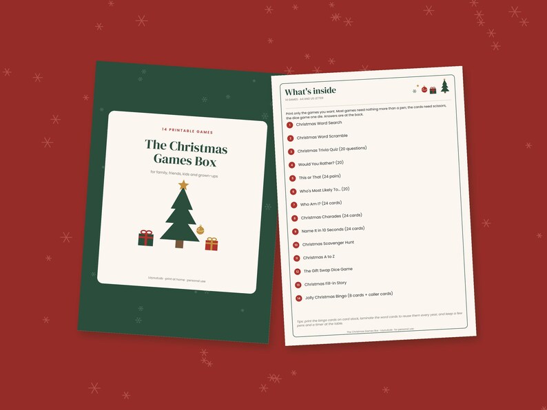 May include: A printable Christmas games set featuring a dark green cover with a white rectangle displaying the text The Christmas Games Box and a tree graphic, alongside a white page titled What's inside listing fourteen holiday activities.