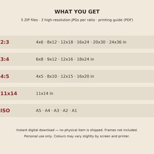 Może przedstawiać: Tabela informacyjna dotycząca pobierania cyfrowego zatytułowana WHAT YOU GET, zawierająca 5 plik&oacute;w ZIP, 3 pliki JPG w wysokiej rozdzielczości na proporcje oraz instrukcję drukowania. Wyszczeg&oacute;lnia proporcje 2:3, 3:4, 4:5, 11x14 oraz formaty ISO od A5 do A1.