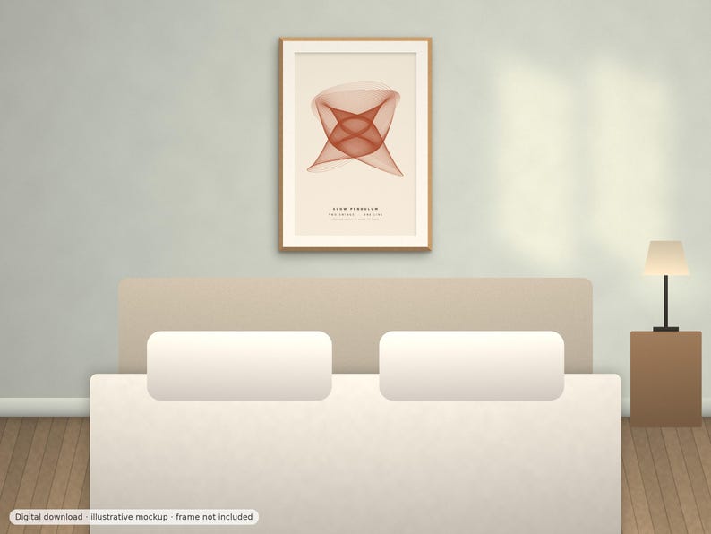 May include: A framed wall art print featuring a geometric, rust-colored abstract line pattern on a cream background. The text SLOW PENDULUM, 100 SERIES, 008 1/50 is printed in black at the bottom center of the artwork within a light wood frame.