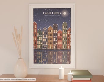 May include: A framed wall art print titled Canal Lights, A Winter Evening on the Canal, featuring a row of colourful houses along a canal at night with falling snow, a full moon, and glowing windows reflected in the dark water below.