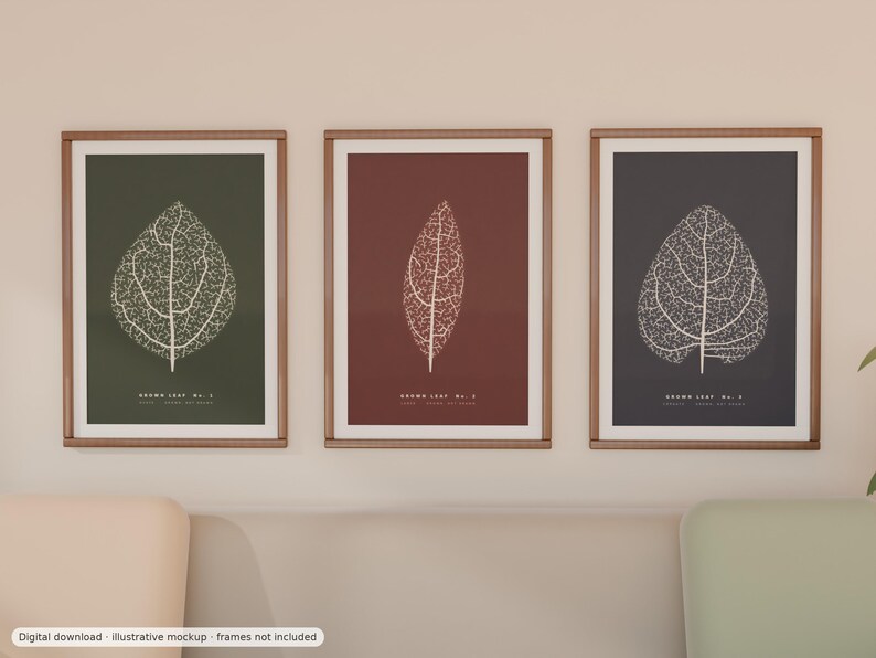 May include: Three framed wall art prints featuring white skeletal leaf illustrations on solid backgrounds of dark green, deep red, and charcoal gray. Each print includes the text "GROWN LEAF NO. 1", "GROWN LEAF NO. 2", and "GROWN LEAF NO. 3".