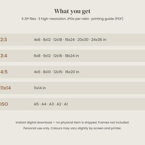 Peut inclure: Un tableau d'informations de t&eacute;l&eacute;chargement num&eacute;rique avec le titre What you get, listant 5 fichiers ZIP et 3 JPG haute r&eacute;solution par ratio. Il d&eacute;taille les ratios 2:3, 3:4, 4:5, 11x14 et les formats ISO A5 &agrave; A1 en pouces.