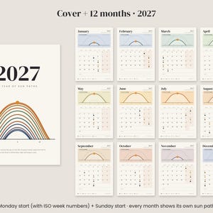 May include: A 2027 calendar set featuring a cover page and twelve monthly pages. Each page displays a grid of dates and a graphic illustration of the sun's path across the sky. The text includes "2027 A YEAR OF SUN PATHS" and month names.