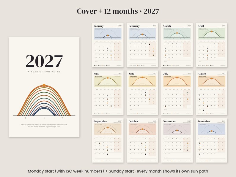 May include: A 2027 calendar set featuring a cover page and twelve monthly pages. Each page displays a grid of dates and a graphic illustration of the sun's path across the sky. The text includes "2027 A YEAR OF SUN PATHS" and month names.