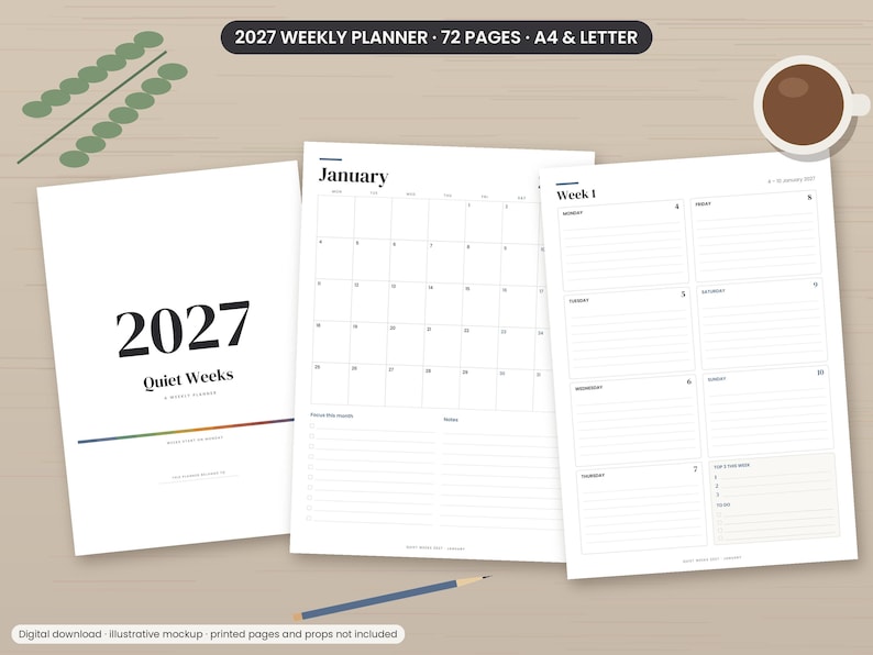 May include: A 2027 weekly planner with 72 pages in A4 and letter sizes. The planner features a cover titled 2027 Quiet Weeks, a January monthly calendar page, and a weekly layout page with lined sections for each day of the week.