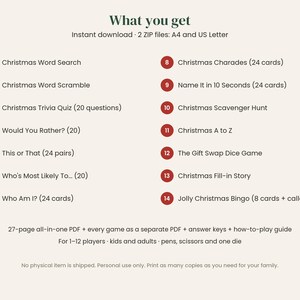 May include: A digital list titled What you get, featuring 14 Christmas games including Word Search, Word Scramble, Trivia, Would You Rather, This or That, Who's Most Likely To, Who Am I, Charades, Name It in 10 Seconds, Scavenger Hunt, A to Z, Dice Game, Fill-in Story, and Bingo.