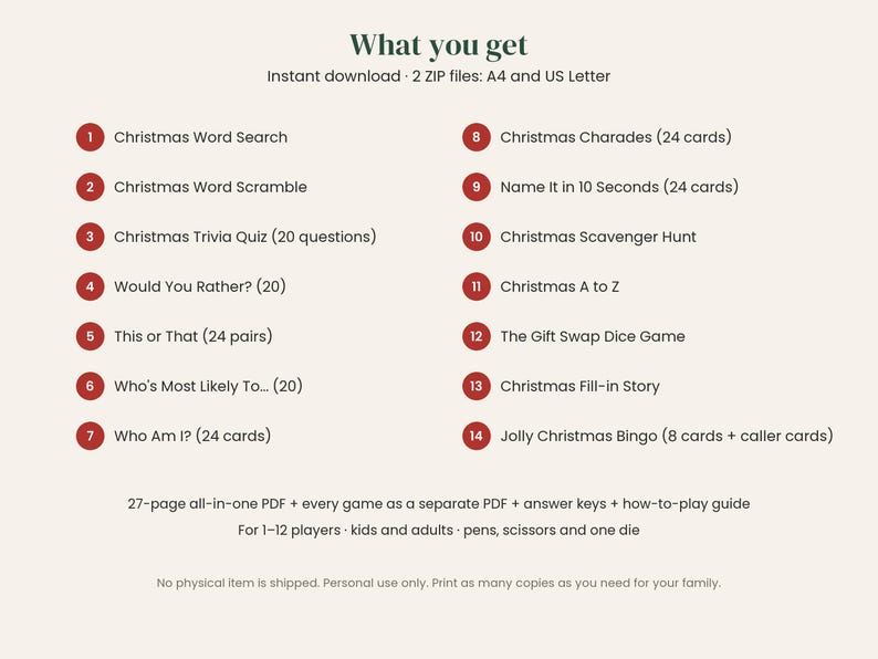 May include: A digital list titled What you get, featuring 14 Christmas games including Word Search, Word Scramble, Trivia, Would You Rather, This or That, Who's Most Likely To, Who Am I, Charades, Name It in 10 Seconds, Scavenger Hunt, A to Z, Dice Game, Fill-in Story, and Bingo.