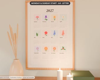 2027 Calendar Printable, Birth Flower Year at a Glance Wall Calendar, Botanical Floral Planner, Monday and Sunday Start, A4 Letter A3