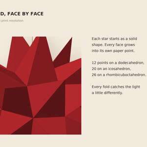 Może przedstawiać: Czerwona geometryczna papierowa gwiazda z ostrymi, złożonymi punktami. Tekst brzmi: FOLDED, FACE BY FACE, detail at full print resolution. Each star starts as a solid shape. Every face grows into its own paper point. 12 points on a dodecahedron, 20 on an icosahedron, 26 on a rhombicuboctahedron. Every fold catches the light a little differently.