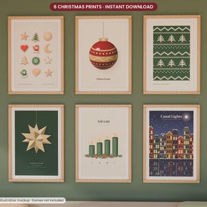 May include: A set of six framed wall art prints featuring Christmas themes including holiday cookies, a red ornament, a green knit pattern, a gold paper star, four green advent candles, and a night cityscape titled Canal Lights.