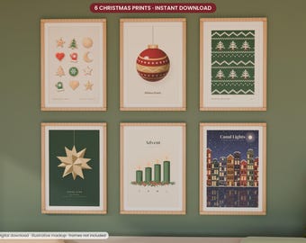 May include: A set of six framed wall art prints featuring Christmas themes including holiday cookies, a red ornament, a green knit pattern, a gold paper star, four green advent candles, and a night cityscape titled Canal Lights.