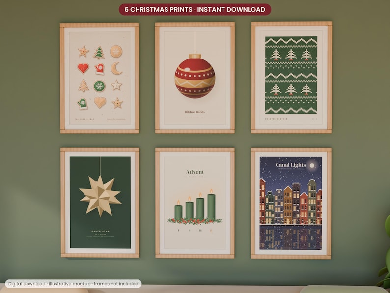 May include: A set of six framed wall art prints featuring Christmas themes including holiday cookies, a red ornament, a green knit pattern, a gold paper star, four green advent candles, and a night cityscape titled Canal Lights.