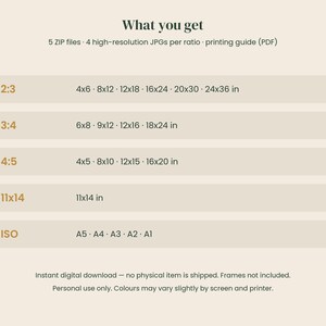 Puede incluir: Una tabla de informaci&oacute;n de descarga digital titulada What you get, que enumera 5 archivos ZIP, 4 JPG de alta resoluci&oacute;n por relaci&oacute;n y una gu&iacute;a de impresi&oacute;n. Detalla las relaciones de aspecto 2:3, 3:4, 4:5, 11x14 y formatos ISO en pulgadas y cm.