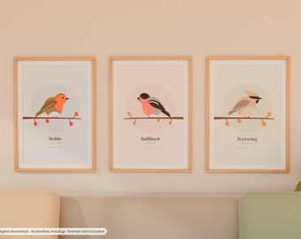 Winter Birds Print Set of 3, Robin Bullfinch Waxwing Wall Art, Christmas Bird Prints, Modern Geometric Bird Poster, Printable Winter Decor