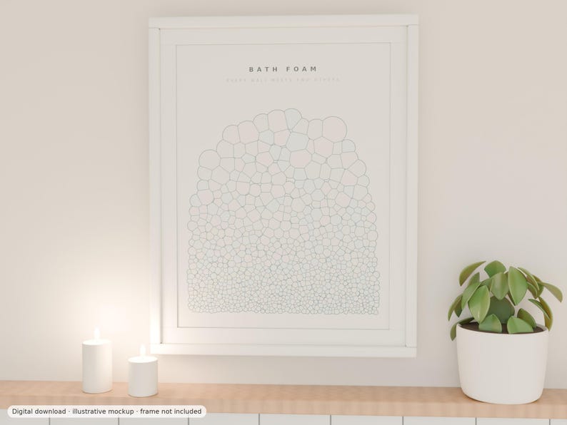 May include: A framed wall art print featuring a minimalist line drawing of bath foam bubbles. The text at the top reads BATH FOAM in a clean, sans-serif font. The artwork is presented in a white frame, showcasing a repeating pattern of circular shapes that vary in size, creating a dense, textured visual effect against a plain, light-colored background.
