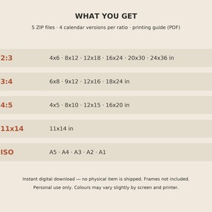 Puede incluir: Una tabla de informaci&oacute;n digital titulada WHAT YOU GET que enumera 5 archivos ZIP, 4 versiones de calendario por relaci&oacute;n y una gu&iacute;a de impresi&oacute;n. Detalla las relaciones 2:3, 3:4, 4:5, 11x14 y los tama&ntilde;os ISO de A5 a A1 en pulgadas.