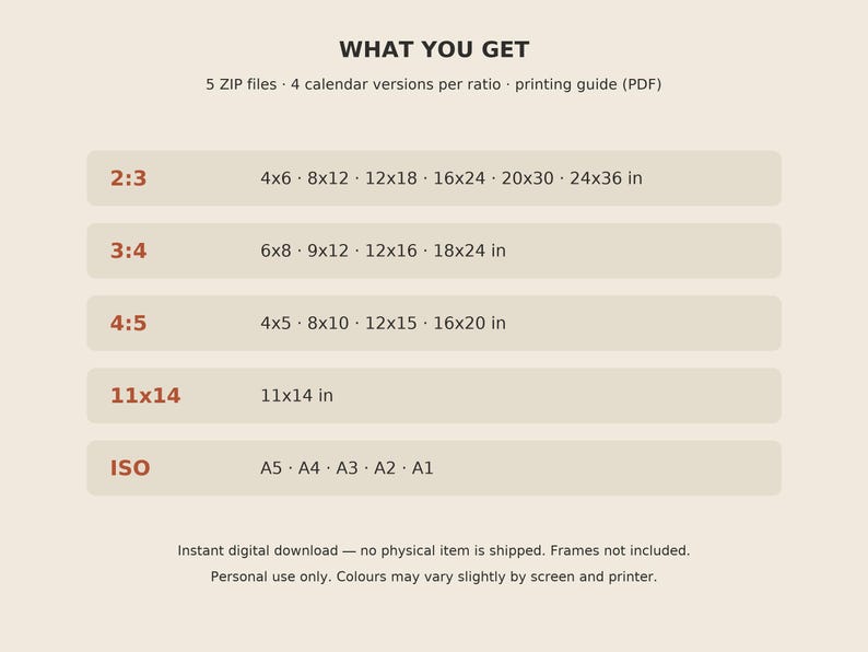 Puede incluir: Una tabla de informaci&oacute;n digital titulada WHAT YOU GET que enumera 5 archivos ZIP, 4 versiones de calendario por relaci&oacute;n y una gu&iacute;a de impresi&oacute;n. Detalla las relaciones 2:3, 3:4, 4:5, 11x14 y los tama&ntilde;os ISO de A5 a A1 en pulgadas.