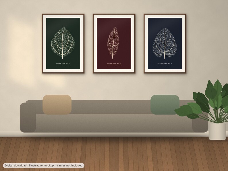May include: Three framed wall art prints featuring white skeletal leaf illustrations on dark green, deep red, and navy blue backgrounds. Each print displays the text "LEAF STUDY NO. 1", "LEAF STUDY NO. 2", and "LEAF STUDY NO. 3" respectively.