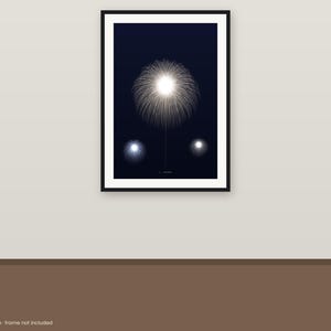 May include: A framed wall art print featuring a dark navy blue background with three white, radiating, dandelion-like circular patterns. The largest pattern is centred at the top, with two smaller, glowing circular patterns positioned below it.