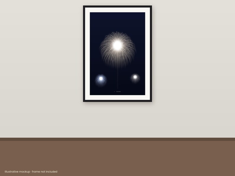 May include: A framed wall art print featuring a dark navy blue background with three white, radiating, dandelion-like circular patterns. The largest pattern is centred at the top, with two smaller, glowing circular patterns positioned below it.