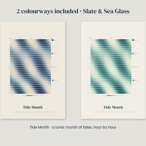 Op de afbeelding: Twee verticale posters met de titel Tide Month, a lunar month of tides, hour by hour. Elke poster toont een raster van horizontale lijnen in leiblauwe of zeegroene gradi&euml;nten, die getijdenpatronen met maanfase-iconen weergeven.