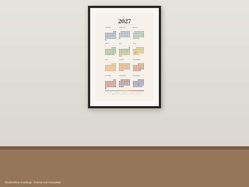 May include: A 2027 wall calendar print featuring twelve monthly grids represented by colorful circular dots arranged in rows. The design includes the year 2027 at the top, month names, and a color-coded legend at the bottom on a light background.