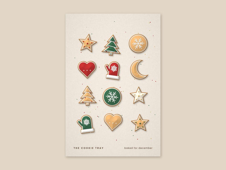 Puede incluir: Una l&aacute;mina rectangular con doce galletas navide&ntilde;as ilustradas en forma de estrellas, &aacute;rboles, corazones, manoplas y una luna creciente. El texto THE COOKIE TRAY y baked for december aparece en letras negras en la parte inferior.