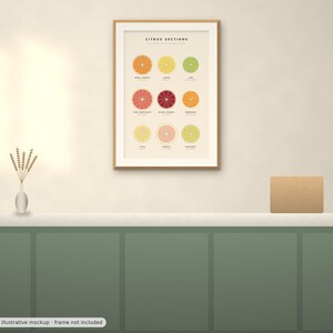 May include: A framed wall art print titled CITRUS SECTIONS featuring nine circular illustrations of sliced citrus fruits including orange, lemon, lime, grapefruit, blood orange, mandarin, yuzu, pomelo, and bergamot with labels below each.