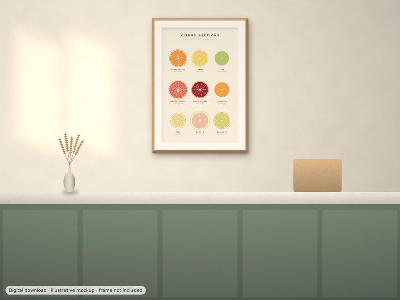 May include: A framed wall art print titled CITRUS SECTIONS featuring nine circular illustrations of sliced citrus fruits including orange, lemon, lime, grapefruit, blood orange, mandarin, yuzu, pomelo, and bergamot with labels below each.