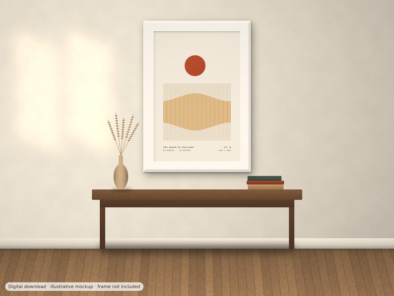 May include: A framed wall art print featuring a solid red circle above a rectangular block of vertical tan lines with a curved wave pattern. The text "LES VUES DE NATURE" is printed at the bottom along with smaller coordinates and date details.