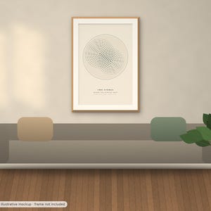 May include: A framed wall art print featuring a beige background with a dark green circular geometric pattern of two overlapping ripple designs. Below the graphic, the text reads TWO STONES and WHERE THE RIPPLES MEET in a clean, sans-serif font.
