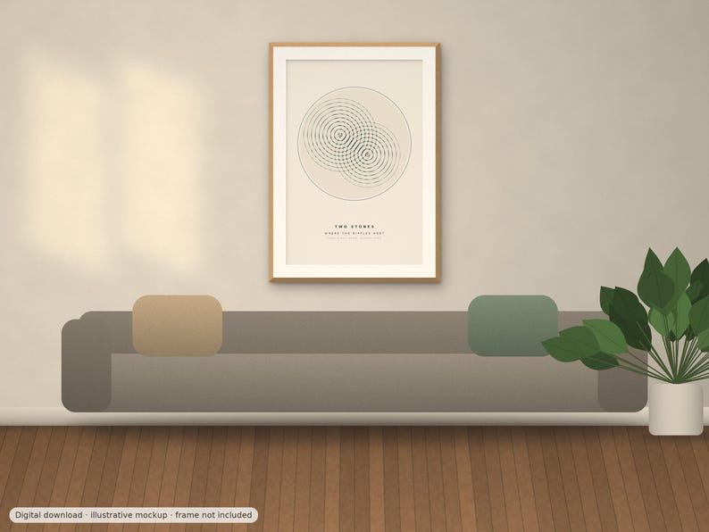 May include: A framed wall art print featuring a beige background with a dark green circular geometric pattern of two overlapping ripple designs. Below the graphic, the text reads TWO STONES and WHERE THE RIPPLES MEET in a clean, sans-serif font.