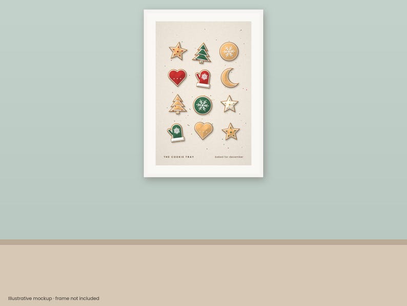 Puede incluir: Una l&aacute;mina de arte mural enmarcada que presenta una cuadr&iacute;cula de doce ilustraciones de galletas con tem&aacute;tica navide&ntilde;a, incluyendo estrellas, &aacute;rboles, corazones, manoplas y una luna creciente. El texto inferior dice THE COOKIE TRAY y baked for december.