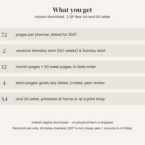 May include: A digital planner information graphic titled What you get. It lists 72 pages dated for 2027, two versions with Monday or Sunday starts, 12 month and 53 week pages, 4 extra pages, and availability in A4 and US Letter formats.