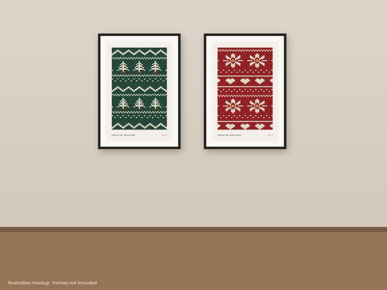 Puede incluir: Dos l&aacute;minas verticales enmarcadas con un patr&oacute;n de su&eacute;ter de punto pixelado. La l&aacute;mina izquierda es verde oscuro con &aacute;rboles de Navidad blancos, la derecha es roja con copos de nieve y corazones blancos. Ambas incluyen el texto Sweater Weather.