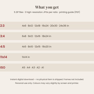 Puede incluir: Una tabla de informaci&oacute;n de descarga digital titulada What you get, que enumera 5 archivos ZIP, 3 JPG de alta resoluci&oacute;n por relaci&oacute;n y una gu&iacute;a de impresi&oacute;n PDF. Detalla las relaciones de aspecto 2:3, 3:4, 4:5, 11x14 y tama&ntilde;os ISO A5 a A1.