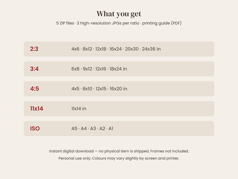 Puede incluir: Una tabla de informaci&oacute;n de descarga digital titulada What you get, que enumera 5 archivos ZIP, 3 JPG de alta resoluci&oacute;n por relaci&oacute;n y una gu&iacute;a de impresi&oacute;n PDF. Detalla las relaciones de aspecto 2:3, 3:4, 4:5, 11x14 y tama&ntilde;os ISO A5 a A1.
