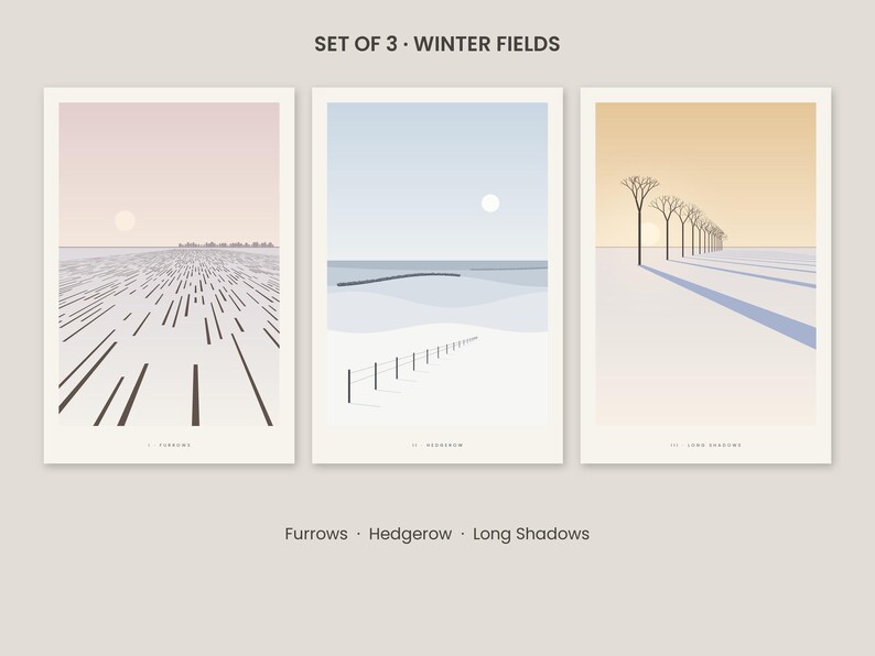 Peut inclure: Un ensemble de trois impressions d'art intitul&eacute; SET OF 3 WINTER FIELDS, comprenant Furrows, Hedgerow et Long Shadows. Les images montrent des paysages hivernaux avec des ciels p&acirc;les, de la neige, des lignes, une cl&ocirc;ture et des arbres.