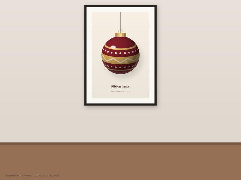 May include: A framed wall art print featuring a dark red Christmas ornament with gold horizontal stripes and white dotted patterns. The ornament hangs from a thin line against a cream background. The text Ribbon Bands is printed below.