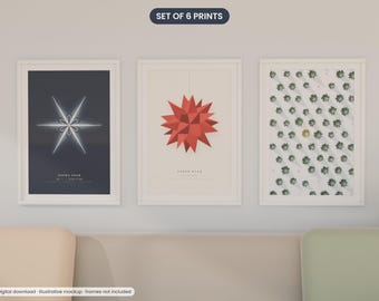 May include: A set of three framed wall art prints. The left print features a white geometric star on a dark grey background. The centre print shows a red paper star on a beige background. The right print displays a grid of green succulents.