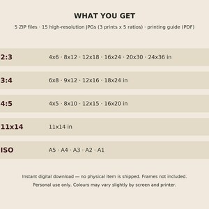 May include: A digital download information chart titled WHAT YOU GET, listing 5 ZIP files, 15 high-resolution JPGs, and a printing guide. It displays five aspect ratios with corresponding dimensions in inches: 2:3, 3:4, 4:5, 11x14, and ISO sizes A5 to A1.