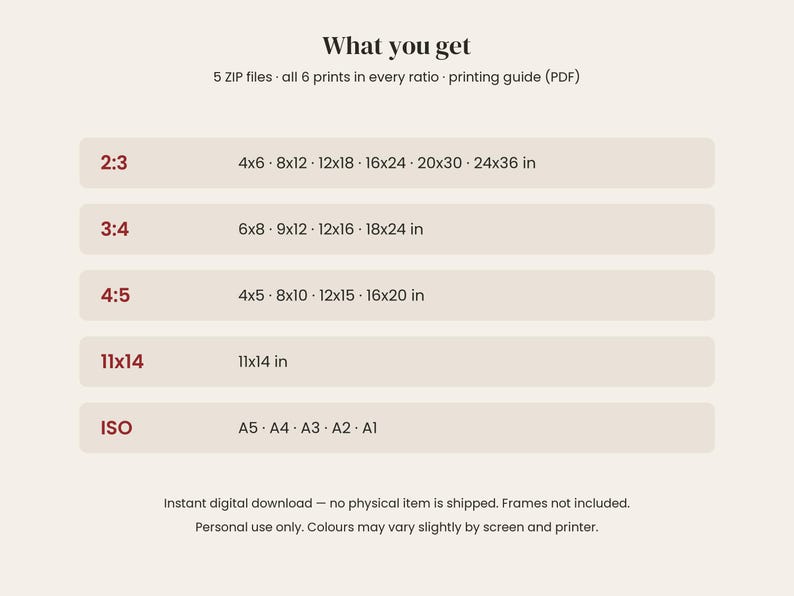 May include: A digital download information chart titled What you get, listing 5 ZIP files, 6 prints in every ratio, and a printing guide. It displays aspect ratios 2:3, 3:4, 4:5, 11x14, and ISO with corresponding dimensions in inches and paper sizes.