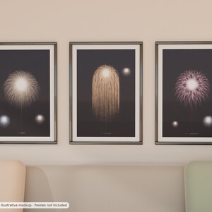 May include: Three framed wall art prints featuring gold and white firework illustrations on dark backgrounds. The left print shows a peony burst, the centre a willow effect, and the right a chrysanthemum pattern. Text at the bottom reads: Digital download, illustrative mockup, frames not included.