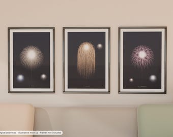 May include: Three framed wall art prints featuring gold and white firework illustrations on dark backgrounds. The left print shows a peony burst, the centre a willow effect, and the right a chrysanthemum pattern. Text at the bottom reads: Digital download, illustrative mockup, frames not included.