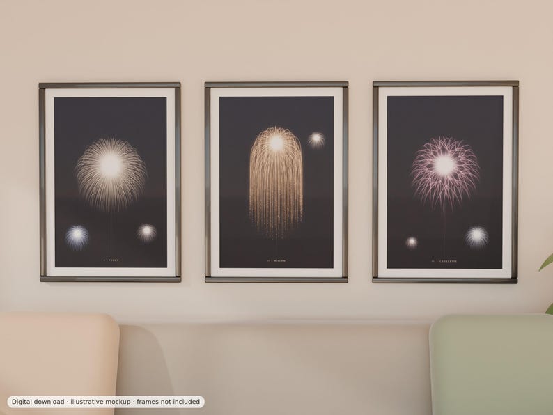 May include: Three framed wall art prints featuring gold and white firework illustrations on dark backgrounds. The left print shows a peony burst, the centre a willow effect, and the right a chrysanthemum pattern. Text at the bottom reads: Digital download, illustrative mockup, frames not included.