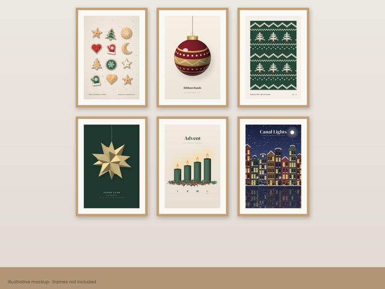 May include: A set of six framed wall art prints featuring holiday themes: cookie shapes, a red ornament labeled Ribbon Bauble, a green knit pattern labeled Nordic Knits, a gold star labeled Paper Star, four candles labeled Advent, and a city scene labeled Canal Lights.