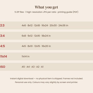 Puede incluir: Una tabla de informaci&oacute;n de descarga digital con un fondo beige claro. Enumera cinco relaciones de aspecto, incluidas 2:3, 3:4, 4:5, 11x14 e ISO, con las dimensiones correspondientes en pulgadas y tama&ntilde;os de papel est&aacute;ndar de A1 a A5.
