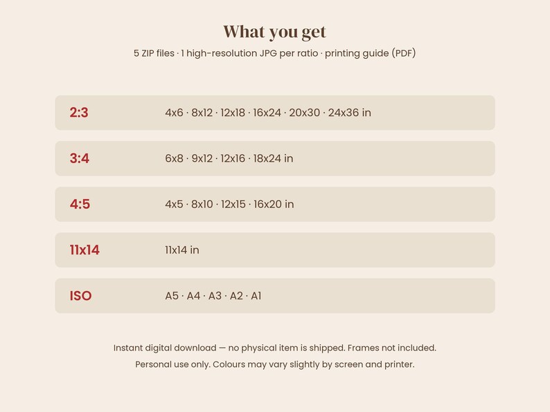 Puede incluir: Una tabla de informaci&oacute;n de descarga digital con un fondo beige claro. Enumera cinco relaciones de aspecto, incluidas 2:3, 3:4, 4:5, 11x14 e ISO, con las dimensiones correspondientes en pulgadas y tama&ntilde;os de papel est&aacute;ndar de A1 a A5.