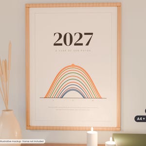 May include: A vertical poster in a light wood frame featuring the text 2027 A YEAR OF SUN PATHS. Below the text is a graphic illustration of multiple concentric colored arcs representing sun paths. The poster includes 13 pages in A4 and US Letter sizes.