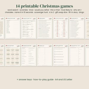 May include: A collection of 14 printable Christmas games on off-white paper, including word search, scramble, trivia, would you rather, this or that, most likely to, who am I, charades, name it in 10 seconds, scavenger hunt, A to Z, gift swap dice, fill-in story, and bingo.